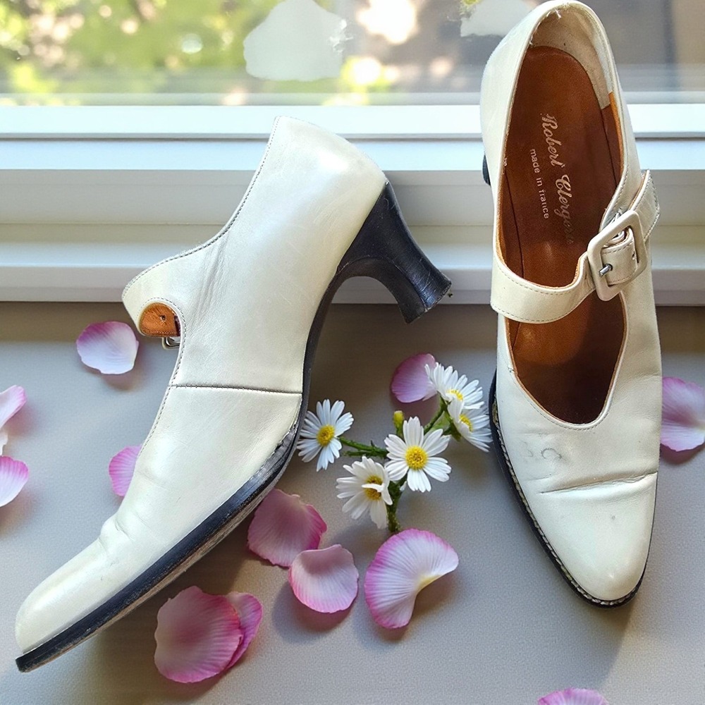 Vintage Robert Clergerie Paris Mary Jane Pumps Made in France White Leather 8.5 - Picture 14 of 16